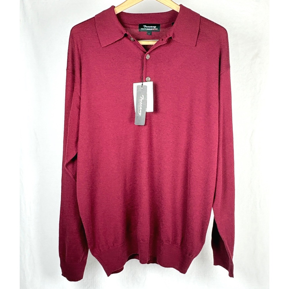 Tuscany Le Collezioni Mens Fine Italian Merino Wool Polo Sweater Burgundy L